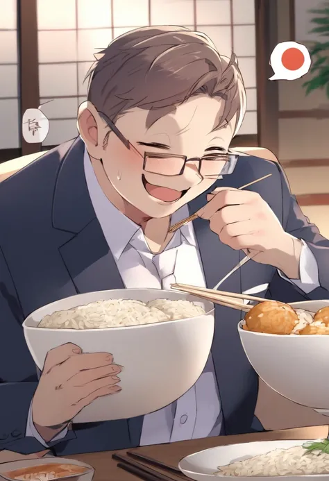 Japanese businessman wearing glasses、Eating rice balls happily