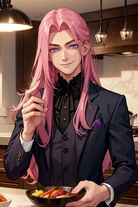 Perfect face. Perfect hands. A pink haired man with violet eyes with long hair in a fancy suit is smiling in a Gothic kitchen while flirting playfully