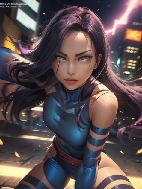 ((SUPERHEROINE PSYLOCKE )) , ((She has long hair)), (She is wearing her uniform), (masterpiece, best quality) 1girl, Alone, (sexy, Pretty woman, Perfect face, perfect eyes), image of 1/2 body , (PSYLOCKE, ahegao, rolling eyes), dynamic pose, superhero batt...