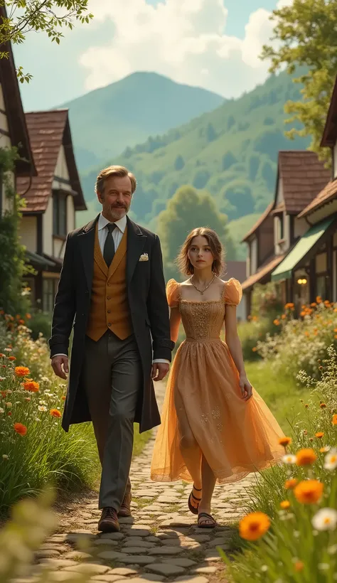 a rich man, his young daughter, visiting a small village, beautiful detailed eyes, beautiful detailed lips, extremely detailed eyes and face, long eyelashes, elegant dress, graceful posture, curious expression, sunlight, rolling green hills, quaint cottage...