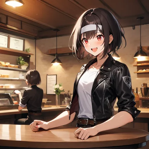 1, beautiful woman, black hair, younger sister, red eyes, short bob, she is wearing ((black leather jacket with rolled up sleeves)), fingerless gloves, white T-shirt, ((white headband)), black long pants, white shoes, brown belt, laughing on speaker, high ...