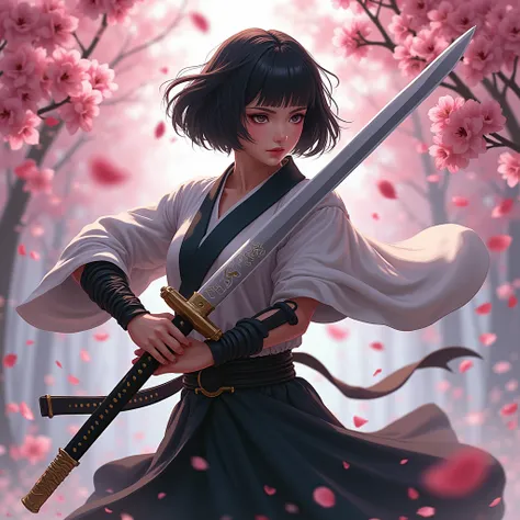 Female Swordsman、Two-sword swordsman、20 years old、Twenty years old、Black hair bob cut、With bangs、He is holding a Japanese sword in his right hand.、He holds a scimitar in his left hand、Taking a threatening pose、Realistically、Best Quality、masterpiece、In fron...