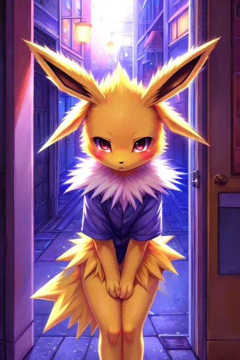 1girl, jolteon, furry, anime, looking at viewer, detailed street background, evening, standing in the doorway, sad face, shy pose, blush, pokemon, eeveelution, yellow fur, anthropomorphic character, clothed, ruffled fur