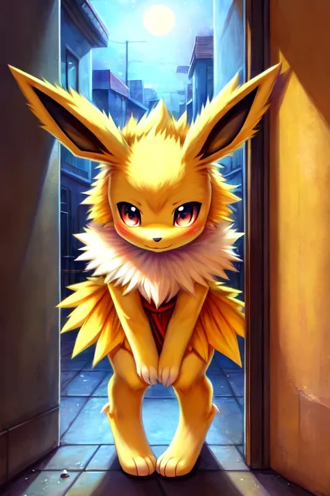 1girl, jolteon, furry, anime, looking at viewer, detailed street background, evening, standing in the doorway, sad face, shy pose, shy smile, blush, pokemon, eeveelution, yellow fur, anthropomorphic character, clothed, ruffled fur