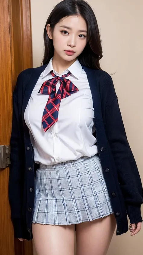 (((8k、High resolution、Please redeem、High resolution)))Alone、Natural body shape、White skin、Natural Makeup、Black Hair、Straight Long Hair、、((High School Uniform)) 、((Navy blue cardigan、White long sleeve collared blouse))、((Red checkered pleated skirt))、(Red s...