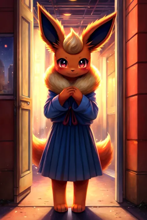 1girl, 1, flareon, furry, anime, looking at viewer, detailed street background, evening, standing in the doorway, sad face, shy pose, shy smile, blush, pokemon, eeveelution, orange fur, anthropomorphic character, clothed