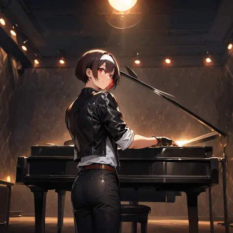 (Table top, top quality), (dynamic angle), (perfect image), (jazz bar pianist ), ((playing grand piano)), comic strip, shape, adult female, detailed face, perfect face, delicate face, dark skin, short cut, dark hair, ((black leather jacket with rolled up s...