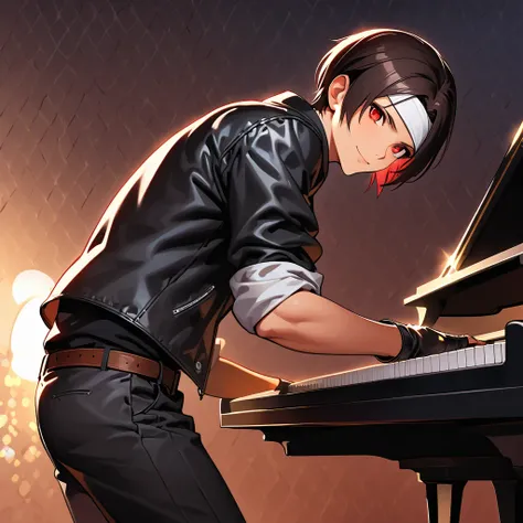 (Table top, top quality), (dynamic angle), (perfect image), (jazz bar pianist ), ((playing grand piano)), comic strip, shape, adult female, detailed face, perfect face, delicate face, dark skin, short cut, dark hair, ((black leather jacket with rolled up s...