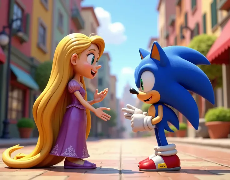 A 3D cartoon-style scene raspunzel featuring a young woman with long, flowing golden hair standing on the sidewalk, talking to Sonic, a blue hedgehog. Both characters are engaged in conversation, with the woman gesturing with her hands while Sonic listens ...