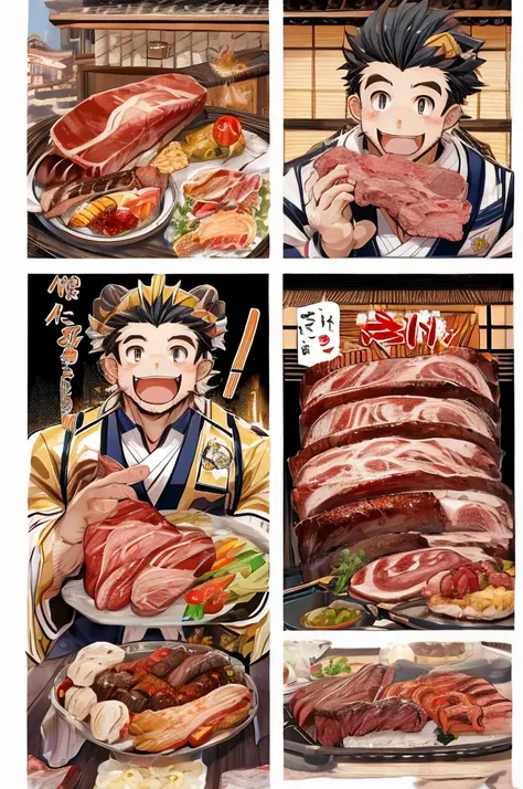 Color Comics、Japanese Manga、Meat dish divided into multiple frames、Salaryman、Delicious meat anime、Happy faces with delicious meat dishes、smile、happy、