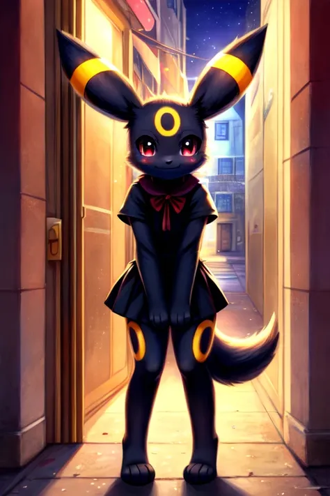 1girl, 1, umbreon, furry, anime, looking at viewer, detailed street background, evening, standing in the doorway, sad face, shy ...