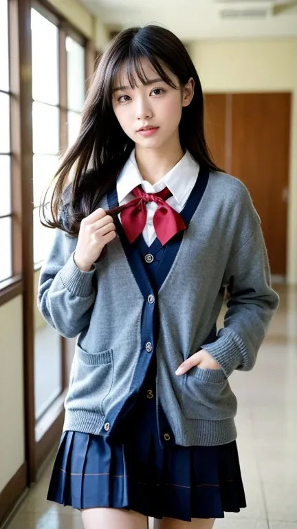 ((最High image quality、8k、masterpiece:1.3))、Photorealistic, Sharp focus, High image quality, High resolution,Portrait, 1 person、Japanese、woman, beautiful woman,((High School Uniform)) 、((Navy blue cardigan、White long sleeve collared blouse))、((Red checkered...