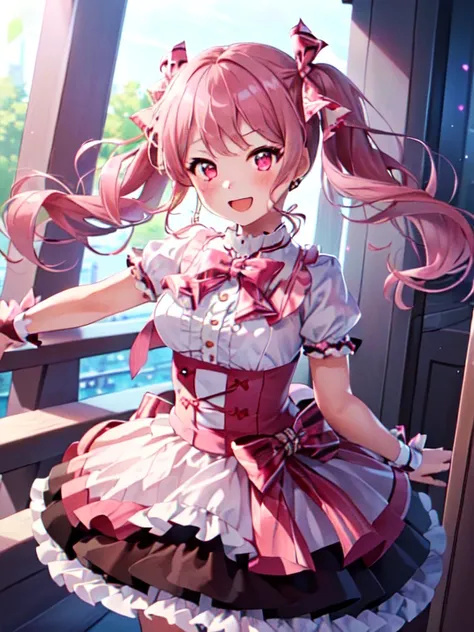 (masterpiece, best quality,high:1.5 resolution),((1girl:2,solo:2)),maruyama_aya_bangdream pink_hair, bangs, pink_eyes, blush, smile, open_mouth, bow, ribbon, twintails, sidelocks, long_hair, hair_ribbon, hair_bow