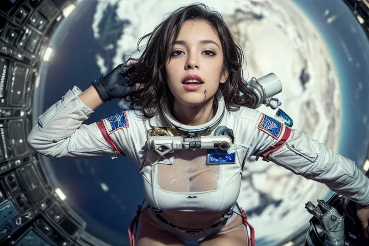 (((Spacecraft extravehicular activity))), (((Woman doing a spacewalk))), (((The world of Mad Max))) , (((In space))),A boldly composed photograph of a Japanese woman, as if taken by a famous artistic photographer, (((Blockbuster art photography)), (8k, Bes...