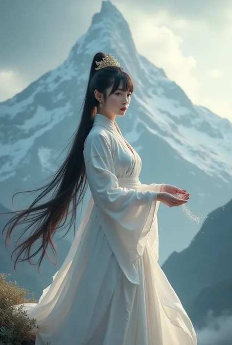 （masterpiece:1.3),(best quality:1.4),(actual:1.4）,mountain peak,Thundercloud,A Chinese woman,Single ponytail with bangs and long flowing hair,Taoist priest crown,Big breasts,Wearing white Taoist uniform,Holding Buddha Dust,