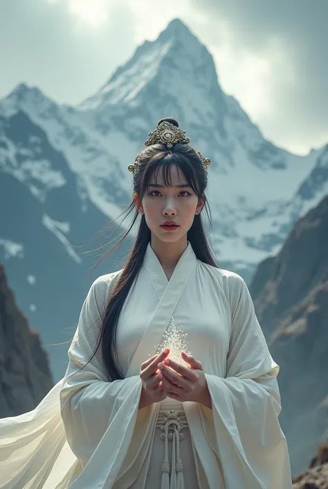 （masterpiece:1.3),(best quality:1.4),(actual:1.4）,mountain peak,Thundercloud,A Chinese woman,Single ponytail with bangs and long flowing hair,Taoist priest crown,Big breasts,Wearing white Taoist uniform,Holding Buddha Dust,