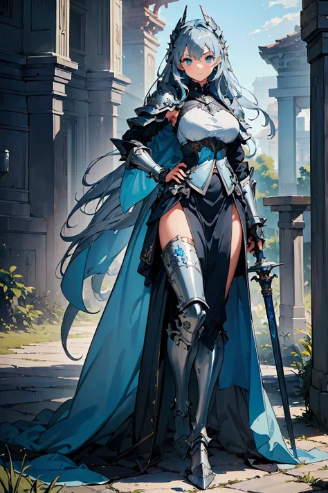 (((masterpiece, best quality, high detailed, 16k))) (1girl) A beautifully lethargic woman with messy blue-gray hair and sleepy cyan eyes. She wears a flowing, loose silver armor that seems almost too heavy for her. In her hand, she lazily holds a massive, ...