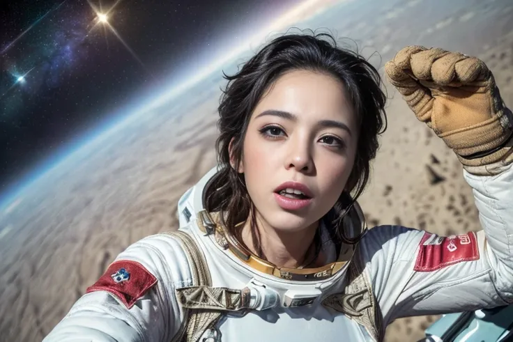 (((Spacecraft extravehicular activity))), (((Woman doing a spacewalk))), (((The world of Mad Max))) , (((In space))),A boldly composed photograph of a Japanese woman, as if taken by a famous artistic photographer, (((Blockbuster art photography)), (8k, Bes...