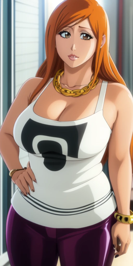 Orihime Inoue,Bleach artstyle,Big breast,Enchanted big breast,Tanned skin,Thick lips,Eyelash,Big Hoopa earring,Gold chain necklace,Circle piercing in lips,Leopard colored Tank top,Cleavage,thin black colored pants,Curvy figure,Plump,Hoopa bracelet,Hime cut...