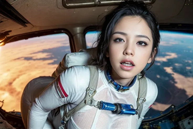 (((Spacecraft extravehicular activity))), (((Woman doing a spacewalk))), (((The world of Mad Max))) , (((In space))),A boldly composed photograph of a Japanese woman, as if taken by a famous artistic photographer, (((Blockbuster art photography)), (8k, Bes...