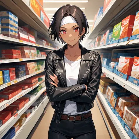 Female, 20, dark skin, alone, red eyes, ((black leather jacket with rolled up arms)), fingerless gloves, black hair, short cut, white t-shirt, ((white headband)), black pants, white shoes, brown belt, handsome, shot, charming, masterpiece, high resolution,...