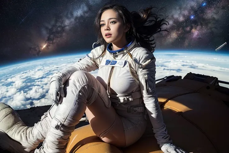 (((Spacecraft extravehicular activity))), (((Woman doing a spacewalk))), (((The world of Mad Max))) , (((In space))),A boldly composed photograph of a Japanese woman, as if taken by a famous artistic photographer, (((Blockbuster art photography)), (8k, Bes...