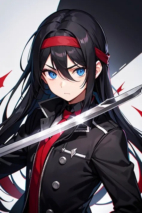 Long Hair　Black Hair　Black clothes　Grey jacket　sword　blue eyes　Wearing a red headband　No highlights in the eyes　male