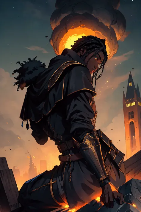 a young black man in focus sitting on top of a tower, looking at a medieval city on fire and a meteor heading towards the city, cinematic,dark,fantasy,epic detailed