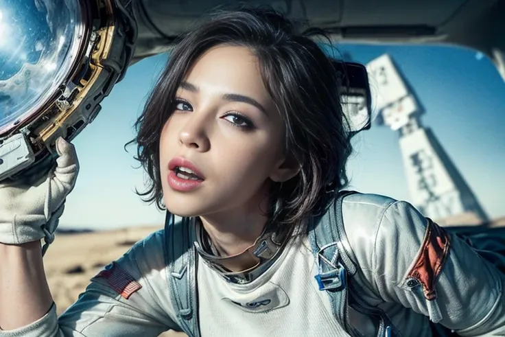 (((Spacecraft extravehicular activity))), (((Woman doing a spacewalk))), (((The world of Mad Max))) , (((In space))),A boldly composed photograph of a Japanese woman, as if taken by a famous artistic photographer, (((Blockbuster art photography)), (8k, Bes...