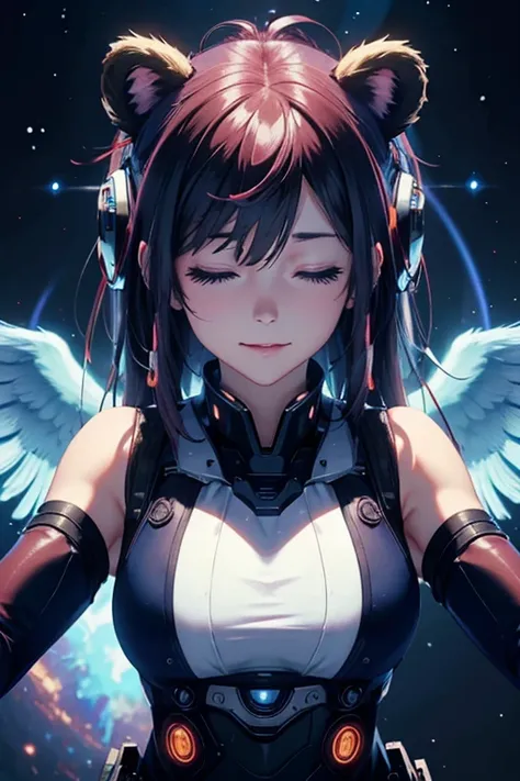 Bear Ears, Eyes closed, High image quality, 8k, Robot Cockpit, New type facial expression, Frontal facial expression, Light of Prayer, The expression of awakening, A smiling face, Angel Wings