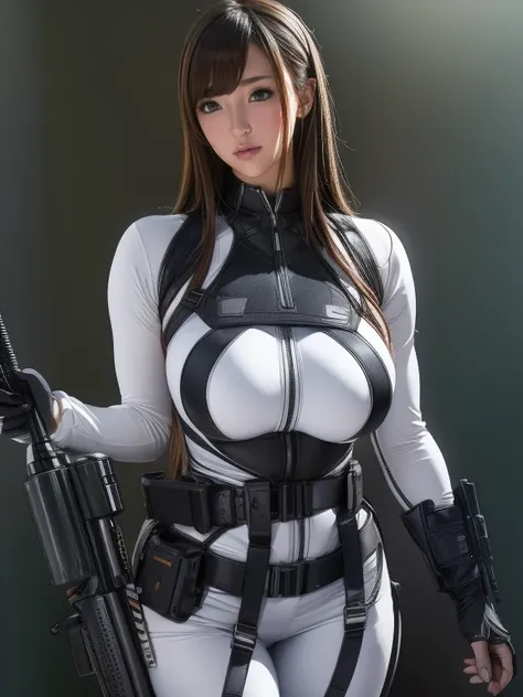 Highest quality、Amazing details、Ultra-high resolution、（realism：1.4）、（（close：0.75））、One woman is very condensed、Beautiful and delicate face、Perfect Proportions、Narrow your target audience、Large Breasts）、Brown Hair、（White Tech Suit）、（Cyborg vs. police unifor...