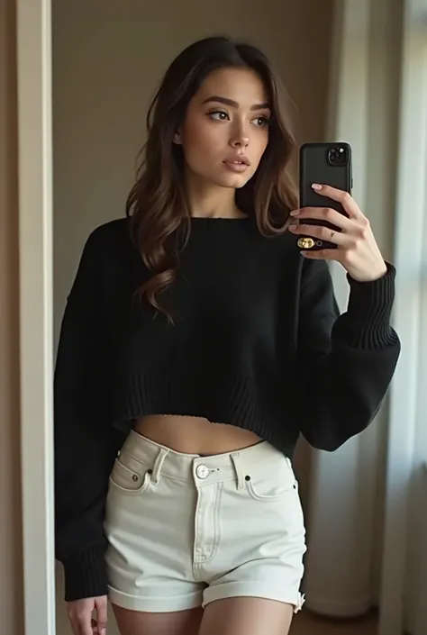 Une brune au yeux marron qui se prends en photo devant un miroir portant un pull croc noir à la mode top et un short blanc à la mode 