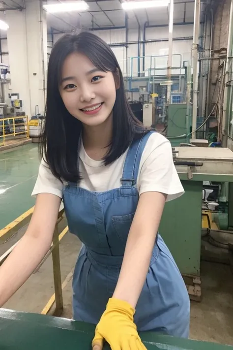 Photo of a 20-year-old korean woman working in the manufacturing industry at a factory, smiling