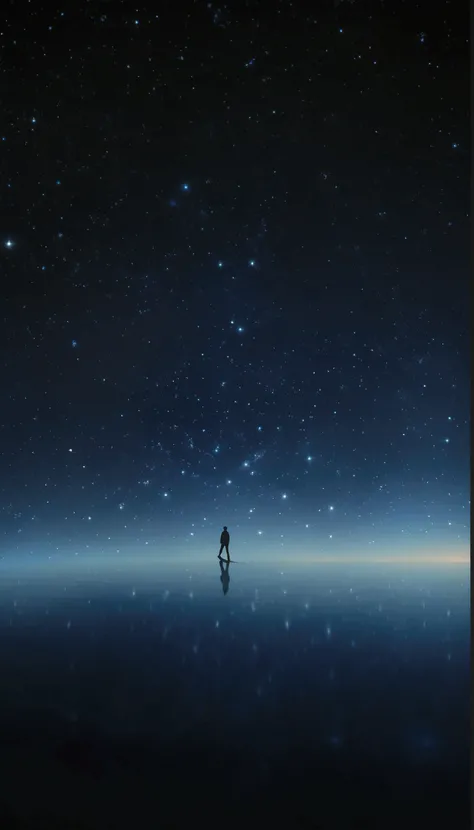 starry sky with a lone person walking on the water, lost in the immensity of space, tranquility of the endless stars, on a galaxy looking background, in roger deakins style, standing in outer space, with the sky full of stars, endless cosmos in the backgro...