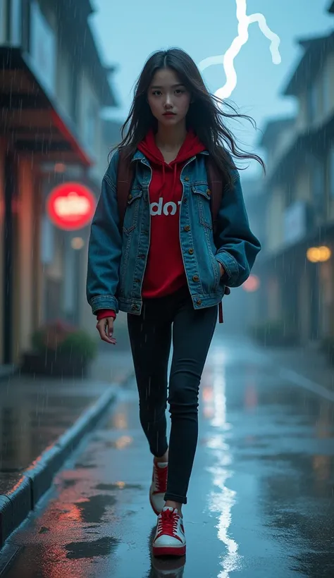 18 years beautiful Korean younger girl , long hair , beautiful,walking on a deserted street during a storm: The street must be wet from the rain, with lightning in the background, and young must be casual clothes, looking thoughtful and intrigued.the young...