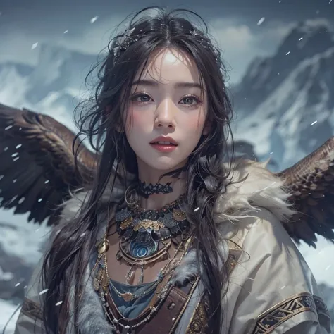 Hiding in the snowy mountains、Hair flow、 ((Please redeem、masterpiece、8k、Best image quality、Ultra-high resolution、Award-winning works)、(Accurate anatomy:1.1)、(Look at me and smile:1.1)、Shining fair skin with Ultra-high resolution、The most detailed face、Ultr...