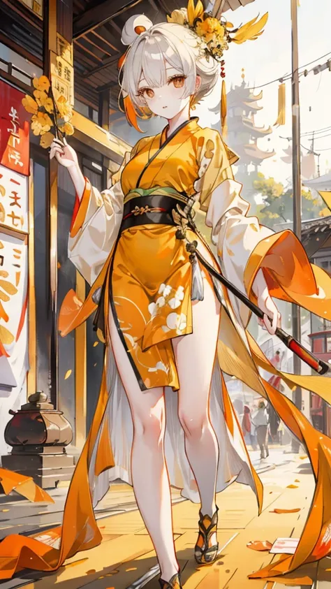 1 female, duck，chrome yellow short hair，Orange Eyes，Yellow Hanfu