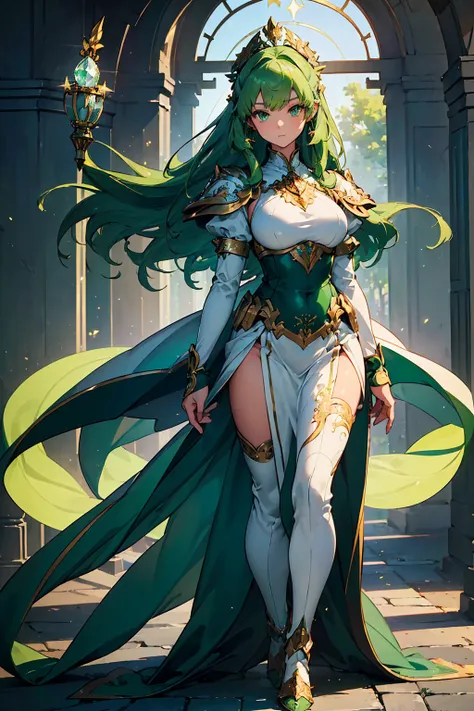 (((masterpiece, best quality, high detailed, 16k))) (1girl) A gracefully compassionate woman with long green hair and gentle emerald eyes. She wears an elegant, shimmering white and green armor, with soft, green-tinted wings. She holds a staff topped with ...