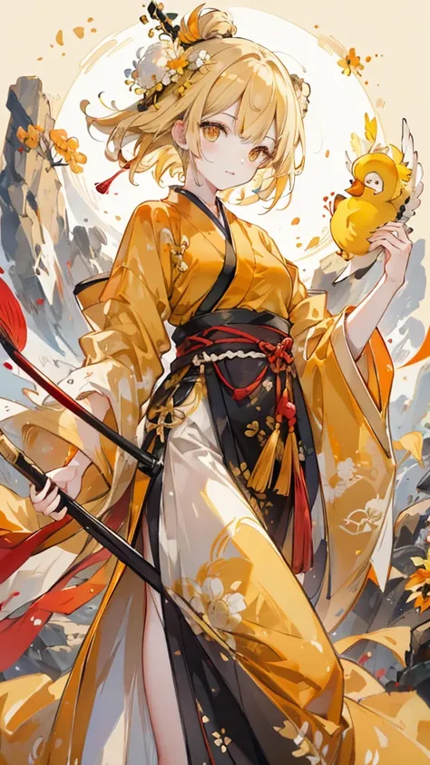 1 female, duck，yellow short hair，Orange Eyes，Yellow Hanfu