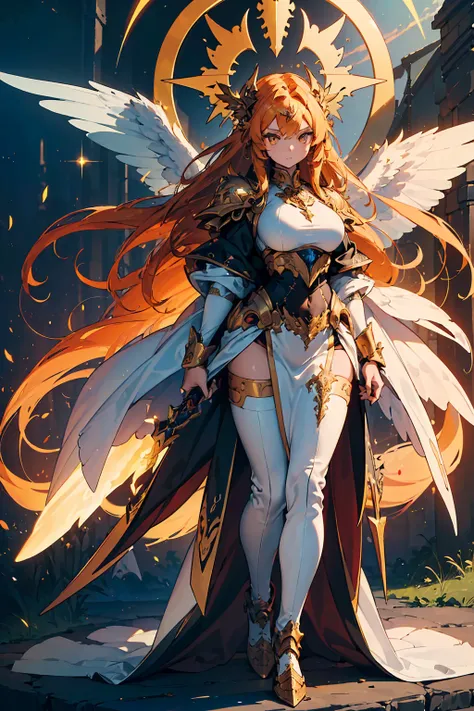 (((masterpiece, best quality, high detailed, 16k))) (1girl) A fiercely righteous woman with long golden hair and piercing amber eyes. She wears a pristine white and gold armor, with large, flaming wings. In her hands, she holds a blazing sword of divine fi...