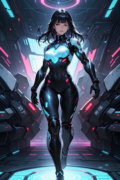 8k portrait (full body), realistic photo, realistic skin texture, super realistic illustration of a beautiful girl (pretty face, pretty eyes, detailed face, detailed skin, detailed skin texture: 1.3) in black mobile cyber battle suit with purple details, d...