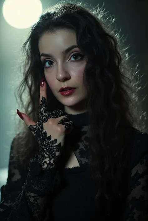 under pale moonlight insane detail, insane cinematic morbid of a goth , her lace gloves black with patterns, caressing her lips tracing along her face, biting her bleak curls beckoning to flow cascading her touch is soft delicate and elegantly sensual
