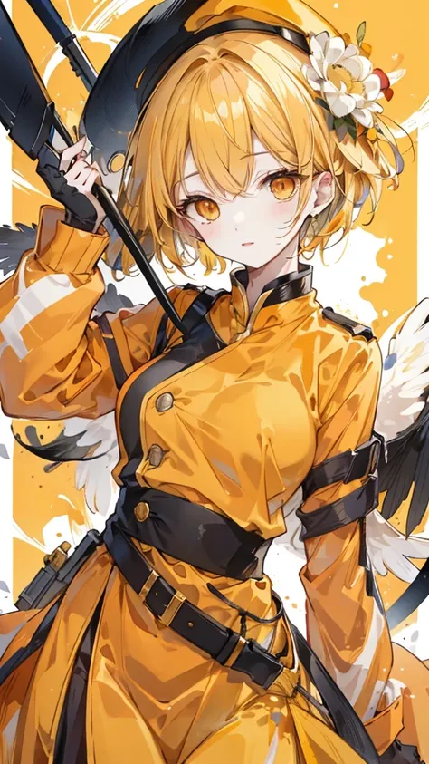 1 female, duck，yellow short hair，Orange Eyes，yellow military uniform