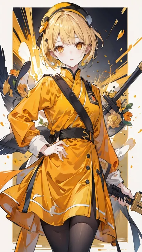 1 female, duck，yellow short hair，Orange Eyes，yellow military uniform