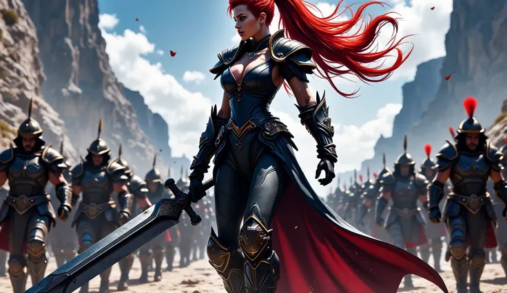 Dark fantasy, horror, a woman barbarian with a mohawk hairstyle and long hair in back , redhead, wearing a minimal leather suit, holding a long two-handed sword, barbarian army on background on march to battle, detailed fantasy movie poster, immersive back...