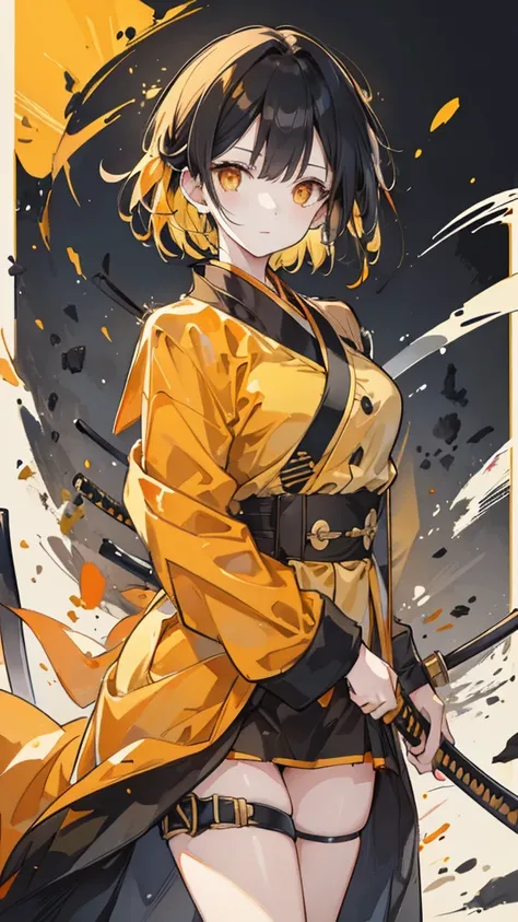 1 female, duck，yellow short hair，Orange Eyes，yellow military uniform，Black scabbard katana