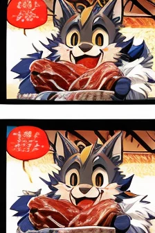 Color Comics、Japanese Manga、Birthday werewolf story、A four-panel comic about giving delicious meat as a gift、Delicious meat dishes as gifts、Happy Face、smile、cute、A cartoon about werewolves talking about happiness、