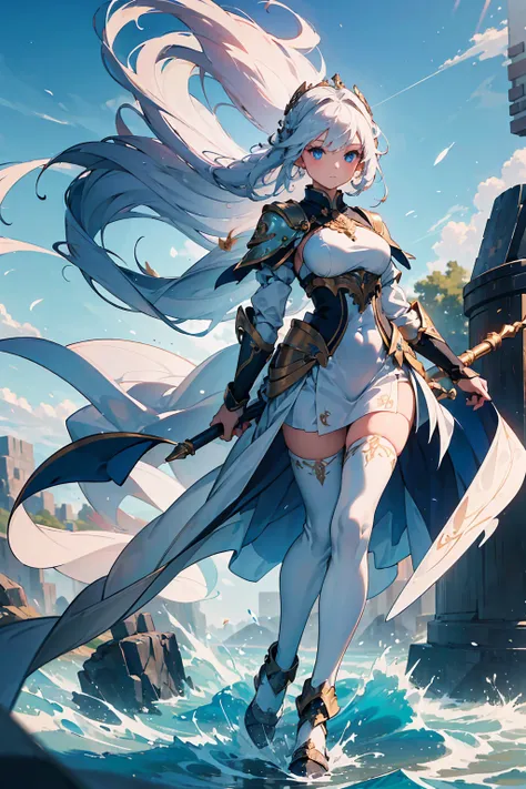 (((masterpiece, best quality, high detailed, 16k))) (1girl) A graceful and ethereal goddess with long, flowing white hair that moves as if caught in a perpetual breeze, and soft sky-blue eyes. She wears a light, airy armor that seems to be made of swirling...