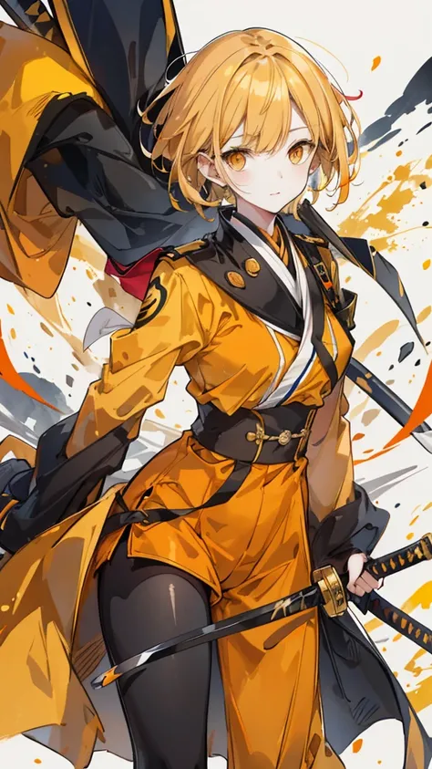 1 female, duck，yellow short hair，Orange Eyes，yellow military uniform，Black scabbard katana