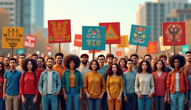  A diverse group of Canadians standing together, holding signs representing their cultural backgrounds.